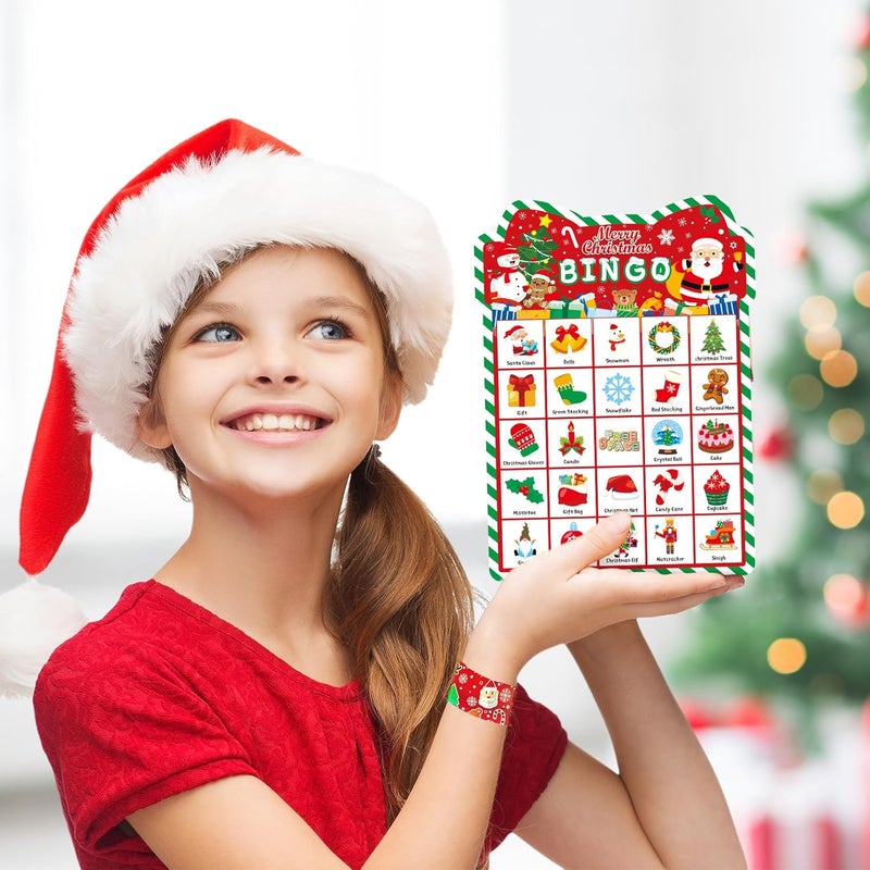 Funnlot Christmas Bingo Game - Christmas Bingo for Kids Adults, 36 Players Bingo Cards Christmas Games with Reward Stickers Christmas Slap Bracelets for Classroom Activities Family Party Favors Xmas Gifts - Image 5